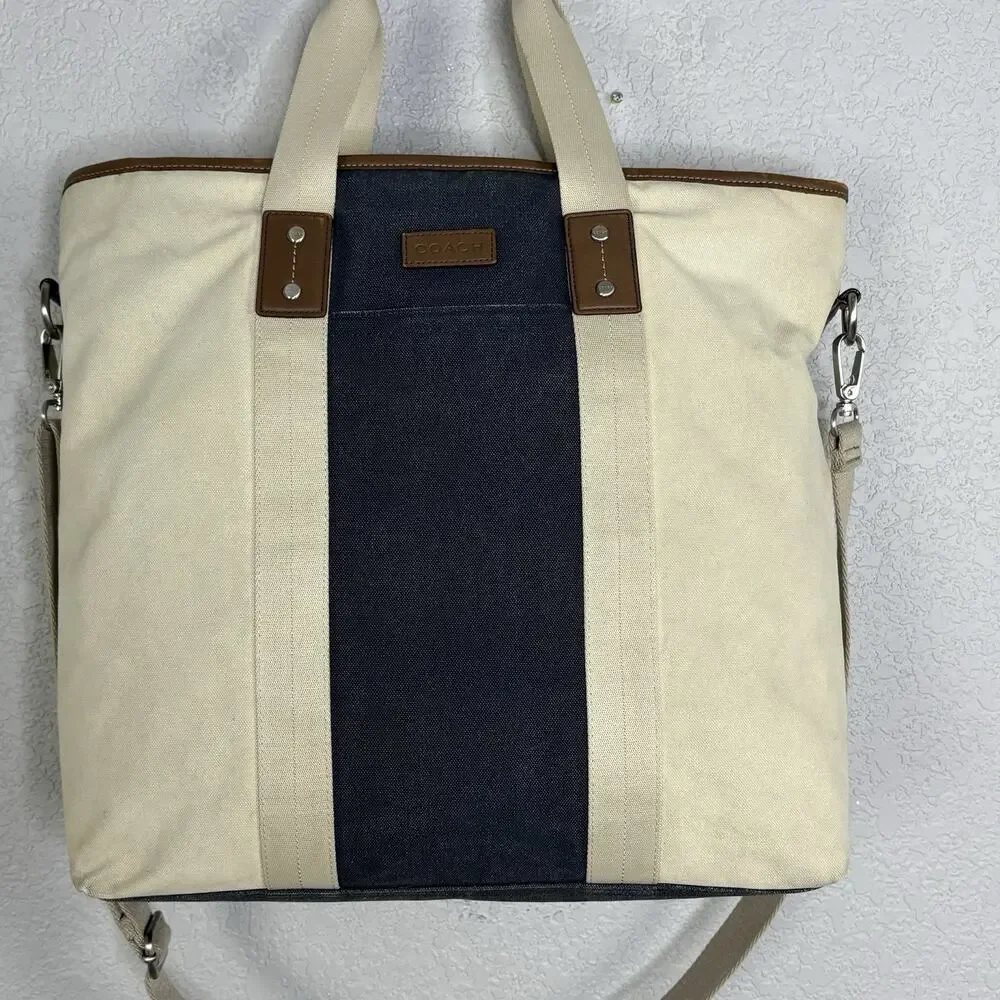 Coach Heritage Web Tote Bag Canvas Leather 16 x 16 Navy Blue Beige